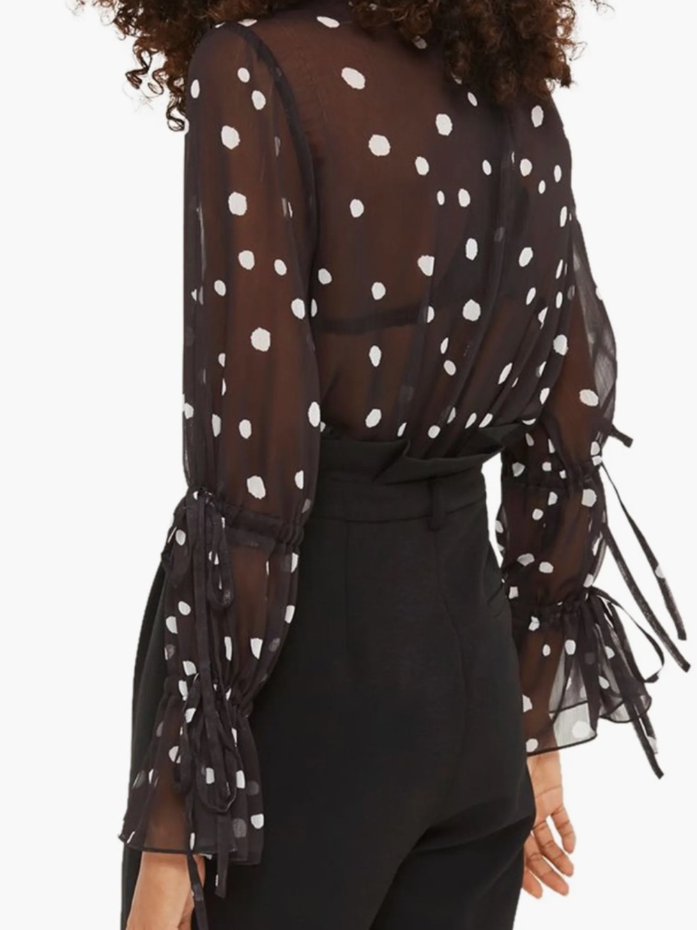 Topshop Drawstring Sleeve Sheer Dot Blouse - Picture 2 of 7